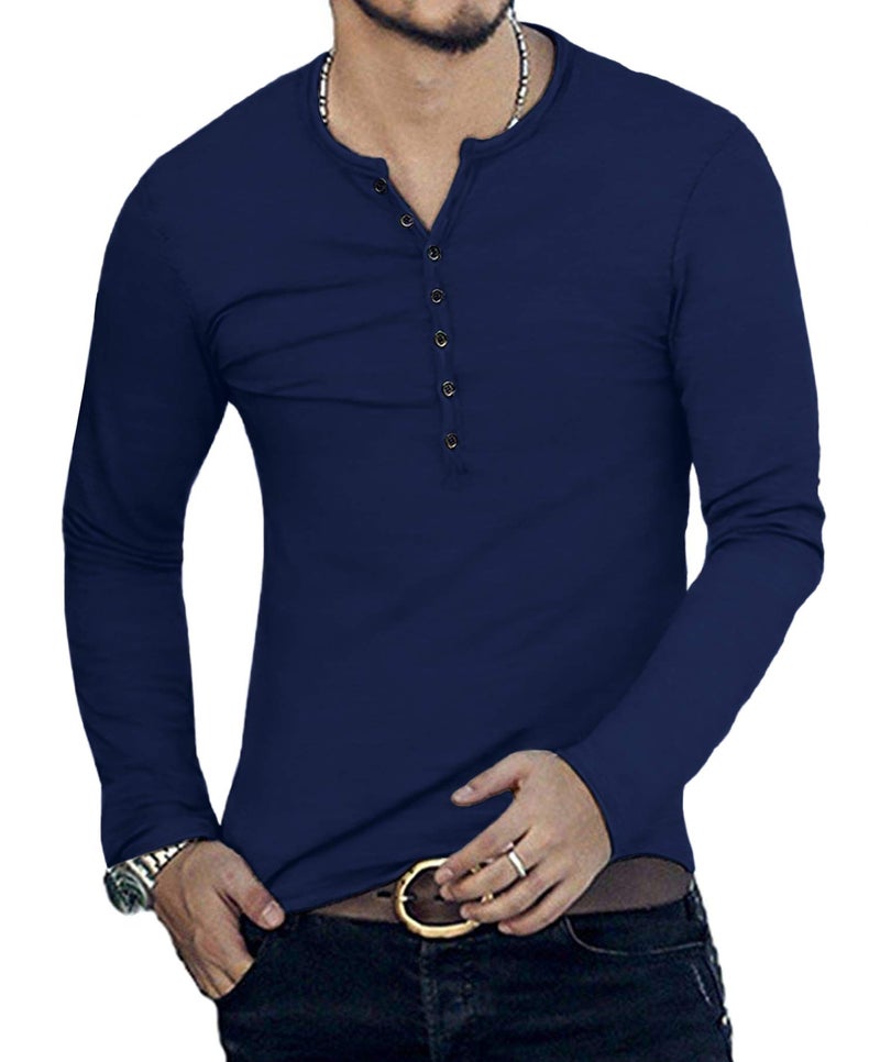 YTD Mens Casual Slim Fit Basic Henley Long Sleeve Fashion T-Shirt S Navy - Image 3